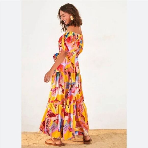 Farm Rio Neon Macaws Maxi Dress Size XS Colorful Off The Shoulder Beaded Belt - Picture 14 of 14